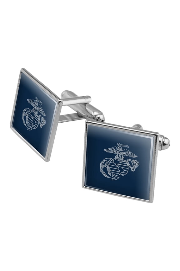 Marine Corps USMC Gray on Blue Eagle Globe Anchor Logo Officially Licensed Square Cufflink Set - Silver or Gold