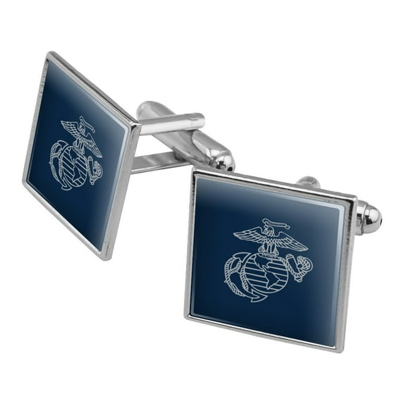 Marine Corps USMC Gray on Blue Eagle Globe Anchor Logo Officially Licensed Square Cufflink Set - Silver or Gold