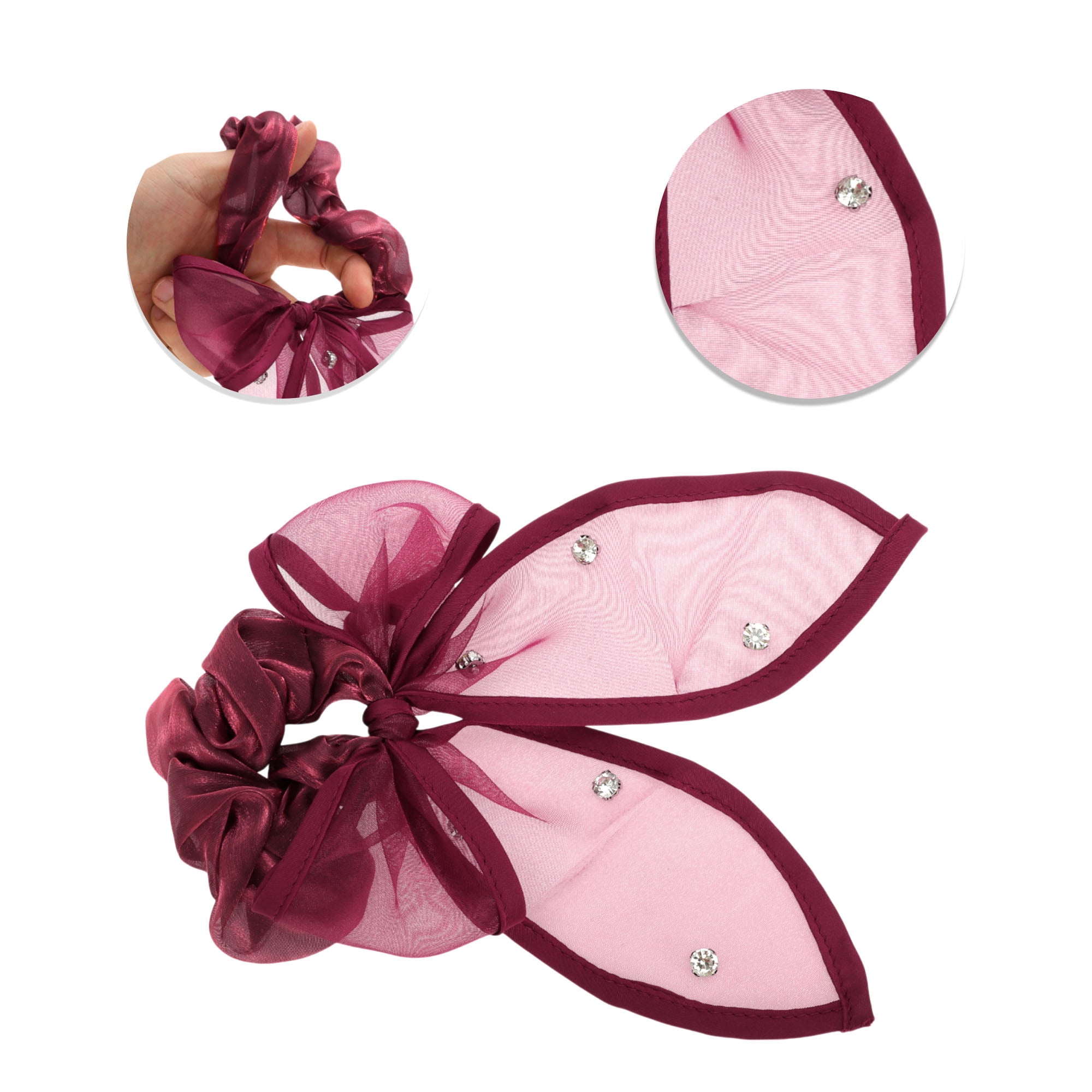 Unique Bargains 1Pc Rhinestones Bow Scrunchie Hair Elastic Band for Women Wine Red