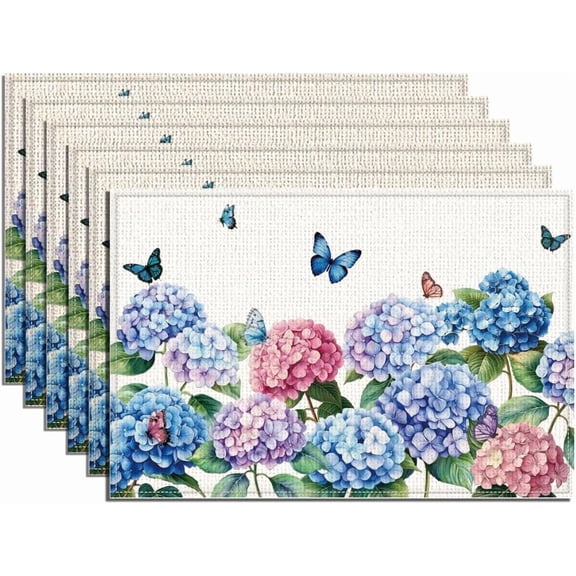 1 Set 6Pcs Watercolor Hydrangea Placemats 17.7x11.8 Inch Hydrangea Butterflies Printed Table Mats Blooming Floral Washable Place Mats for Kitchen Party Holiday Wedding Home Dining Table Decor