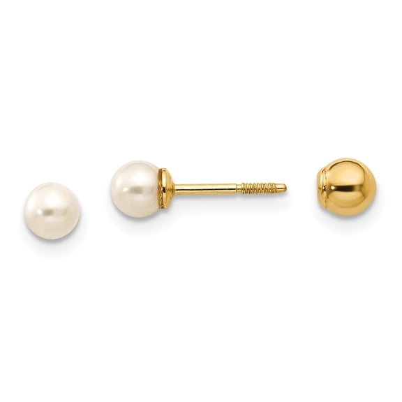 Auriga 14k Yellow Gold Reversible 3.75-4mm Pearl and Bead Stud Earrings for Women(L-4mm, W-4mm)