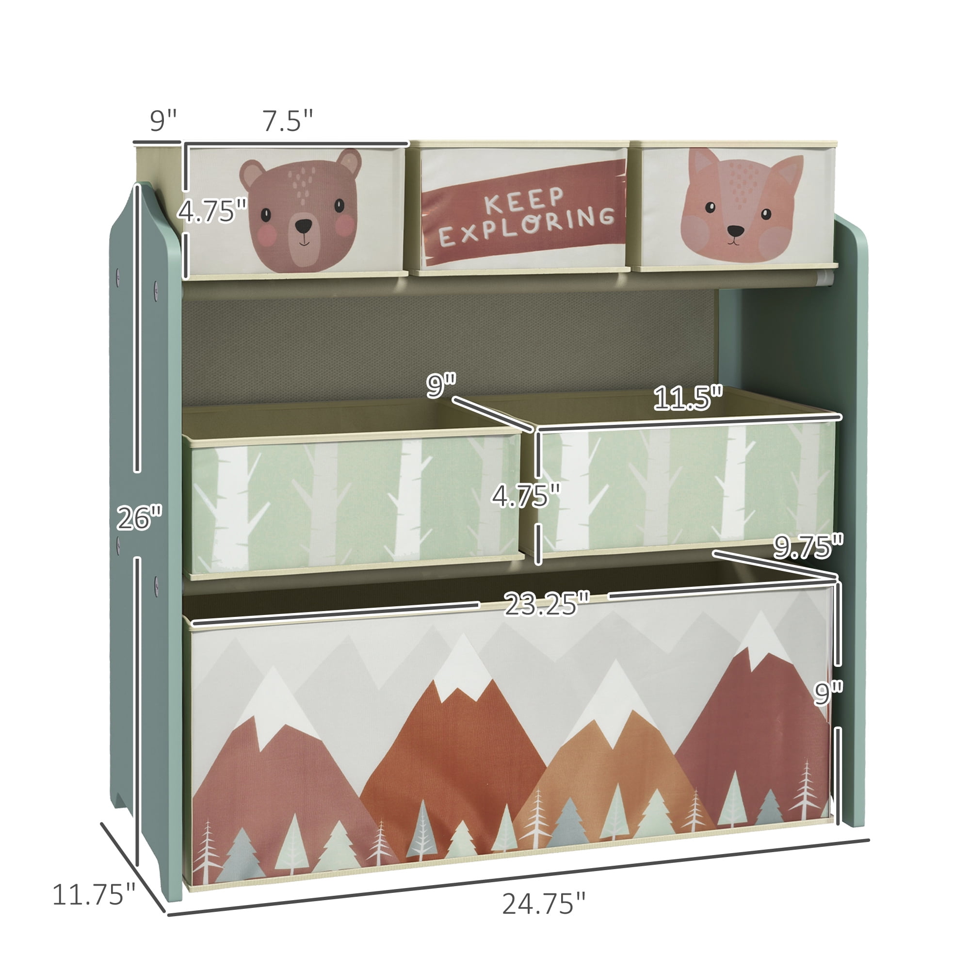 Qaba Toy Organizer with 6 Storage Bins, 25" x 12" x 26", Green