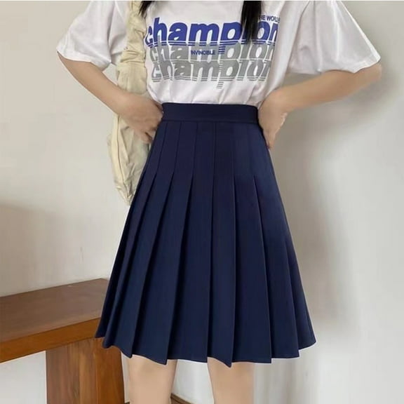 Wuxian Skirts For Women Solid Color Pleated Fashion High Waisted A-Line Stylish Casual Uniform Mini Skirt Short Tennis Skater Skirts,Navy,M