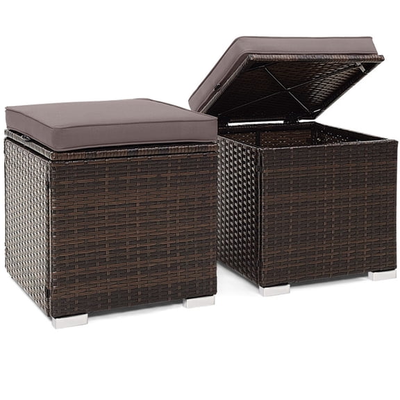 Biotree 2 Pieces Outdoor Ottoman with Removable Cushions and Hidden Storage and PE Rattan Frame for Patio Garden Backyard, Gray