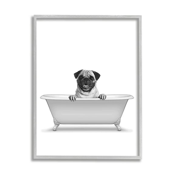 Stupell Industries Pug Dog In Tub Bathroom Pet Animals & Insects Painting Gray Framed Art Print Wall Art