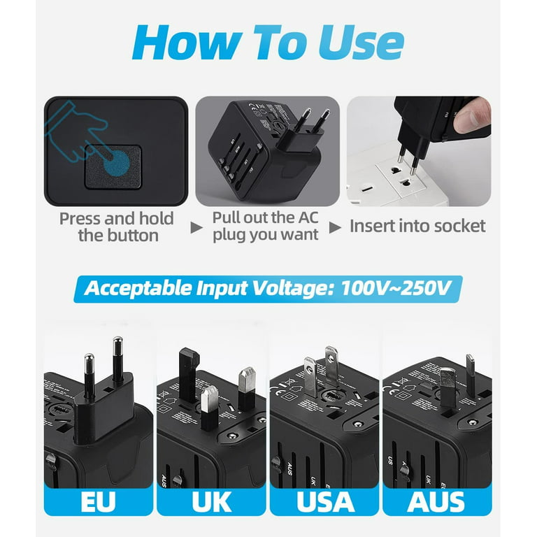 Universal Travel Adapter, Meromore European Travel Plug Adapter with Type  C, Black 