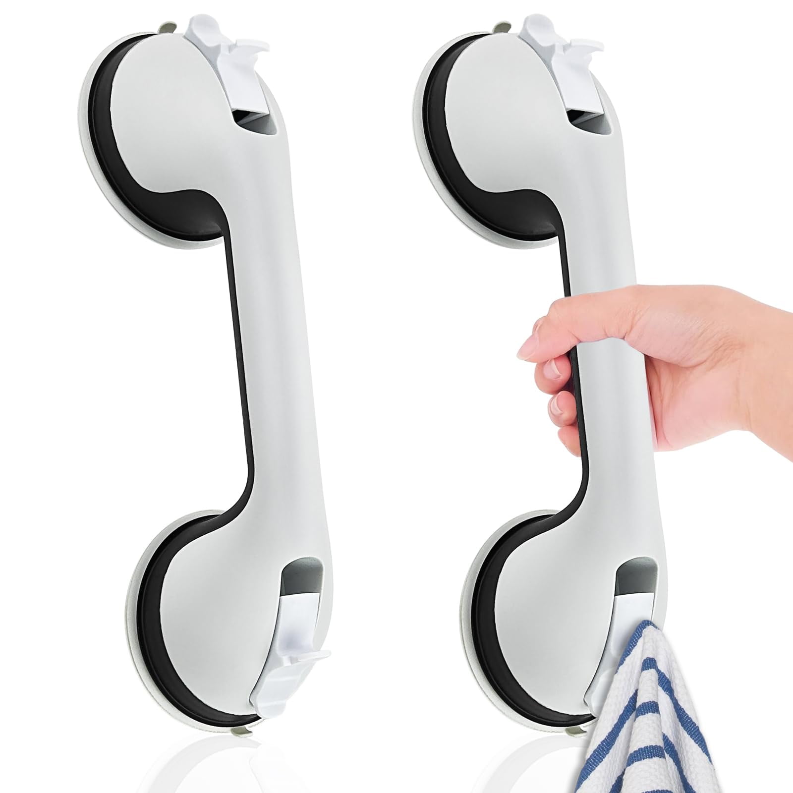 2Pack Shower Grab Handles, No Drilling, Shower Handle With Suction Cup, Grab Bars for Seniors, Portable Bath Handle For Bathtub, Shower, Toilet,Hook Carries 20kg, Handle Carries 100kg