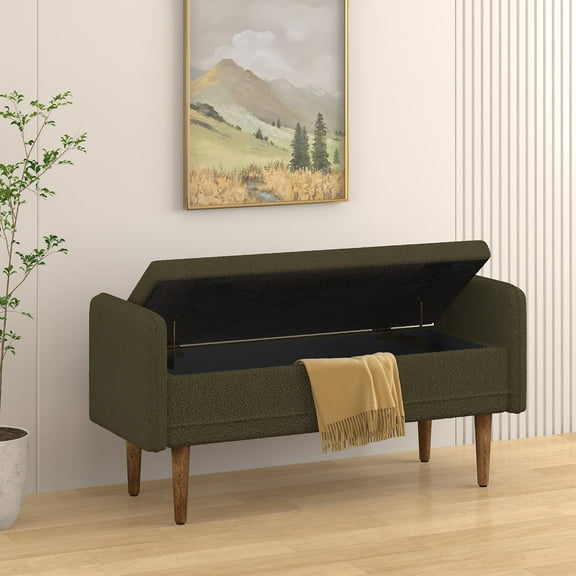 Xukmct Velvet Storage Bench with Wood Legs, Upholstered Storage Ottoman for Apartments, Living Rooms, Bedrooms, Green
