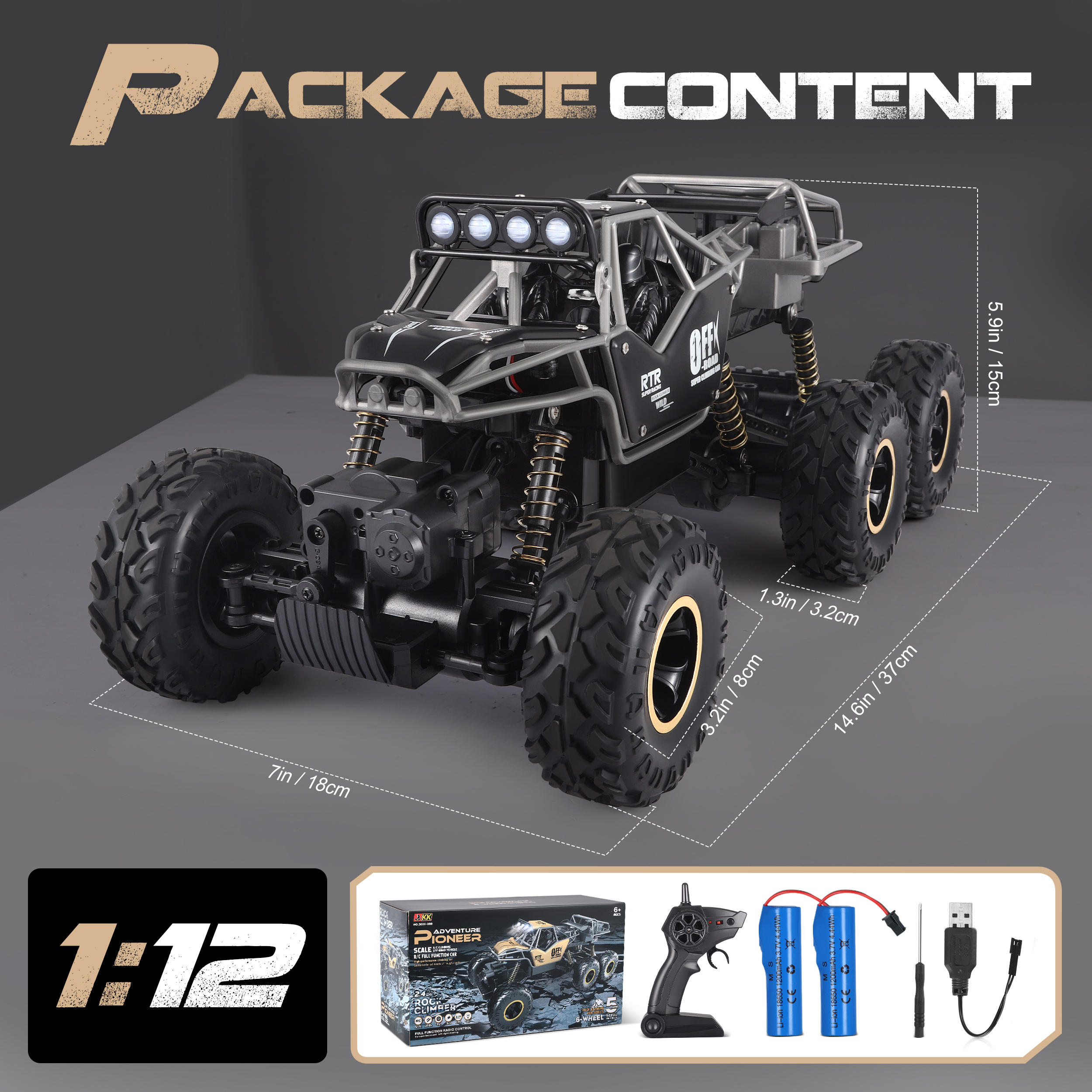 AMTPM 1:12 Large RC Cars,4WD Large Remote Control Monster Truck 2.4 GHz Alloy RC Cars for Kids Adults Age 6 + Birthday Gifts ，2 Batteries(Black)