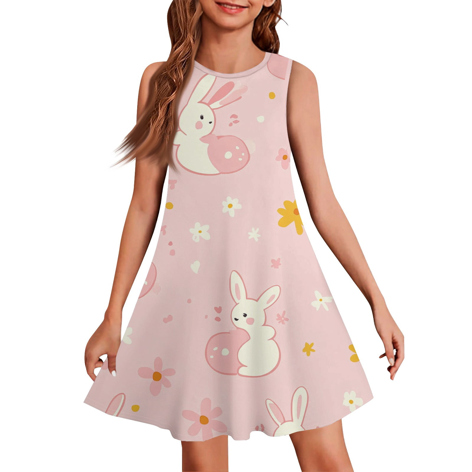 HAJWOH Girls Easter Dresses Bunny Egg Print Sleeveless Spring Dress Cute Crew Neck Sundress Casual Comfort Princess Dress Light pink 9-10 Years