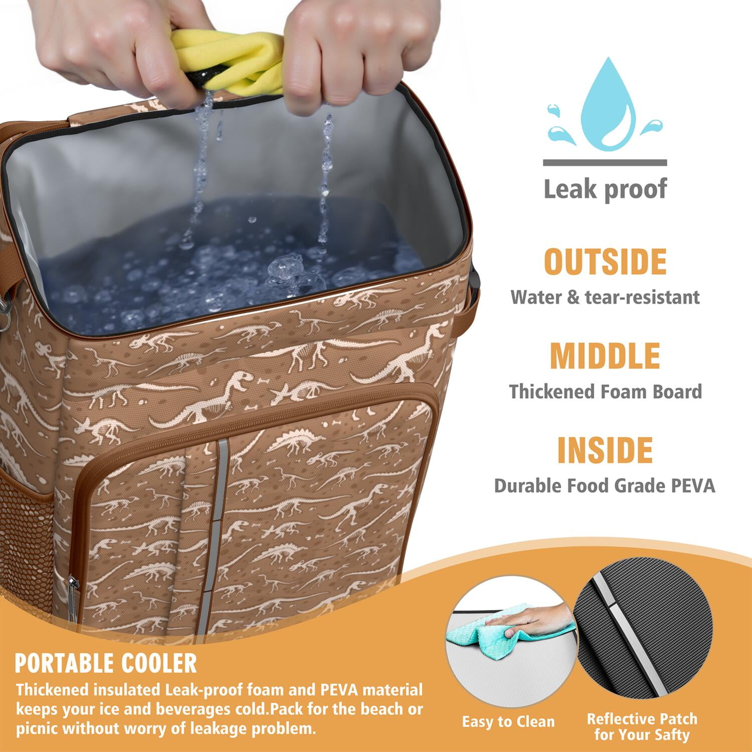 Travel Cooler Bag - Brown White Dinosaurs Fossils Pattern Camping Beer Cooler Backpack with Bottle Opener- Waterproof Insulated Picnic Backpacks - Cooler Bag for Beach
