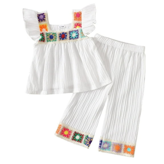 YuYuBao Toddler Girls Outfits Sets Summer Fly Sleeve Embroidery Vests Tops   Pants Outfits Vintage Style Childrens Girls Vacation Casual Beach Sets, 9-12 Months