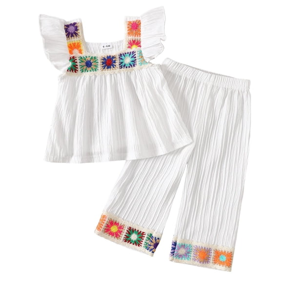 TBWNWG Girls Outfits Set Summer Toddler Fly Sleeve Embroider Vest T-Shirt Tops and Pants for Casual Daily Wear,Size 18-24 Months