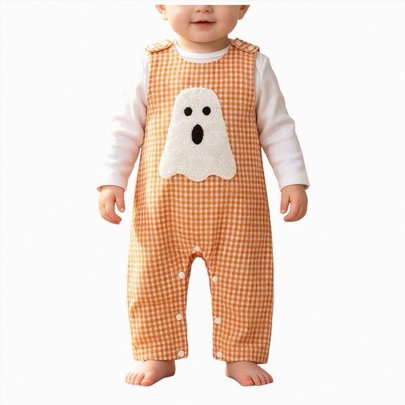 CAICJ98 Infant Baby Boy Halloween Pumpkin/Ghost Plaid Jumpsuit Sleeveless Gingham Romper One Piece Strap Overalls Smocked Clothes,Size 12-18 Months