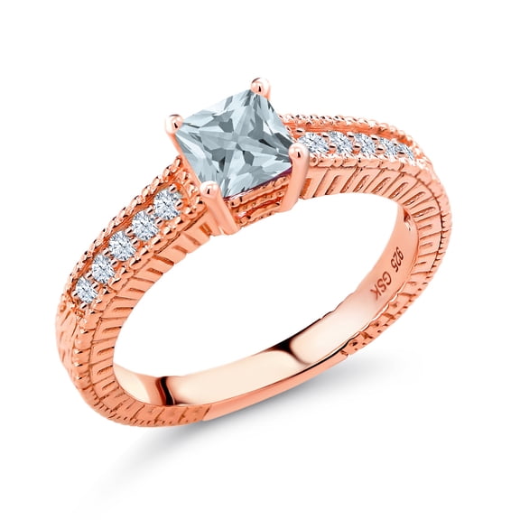 Gem Stone King 0.65 Ct Princess Cut Sky Blue Aquamarine White Created Sapphire 18K Rose Gold Plated Silver Ring (Size 8)