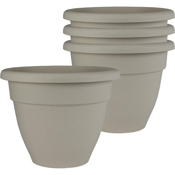 shiyou-Caribbean Planter Pot - Outdoor & Indoor Plant Pot with Drainage Hole & Plug - Rolled Rim Plastic Pots for Plants & Flowers - Decorative Plant Pot (8" Cottage Stone, Pack of 4)