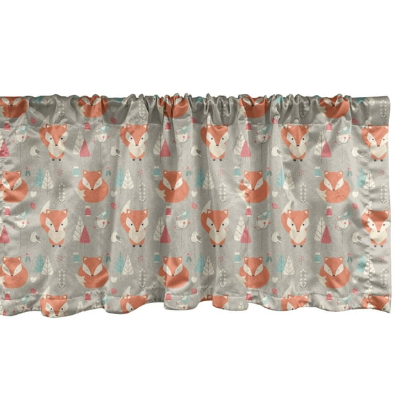 Ambesonne Fox Window Valance, Woodland Birds and Fir Trees, 54" X 12", Orange Grey Pale Blue