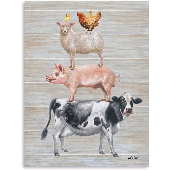 WFSposter Farmhouse Wall Decor Canvas Print: Farm Animals Cow Pig Sheep and Rooster Sit on Top of Each Other Inspirational Posters for Kitchen Framed Ready to Hang (12"x16"x1 Panel)