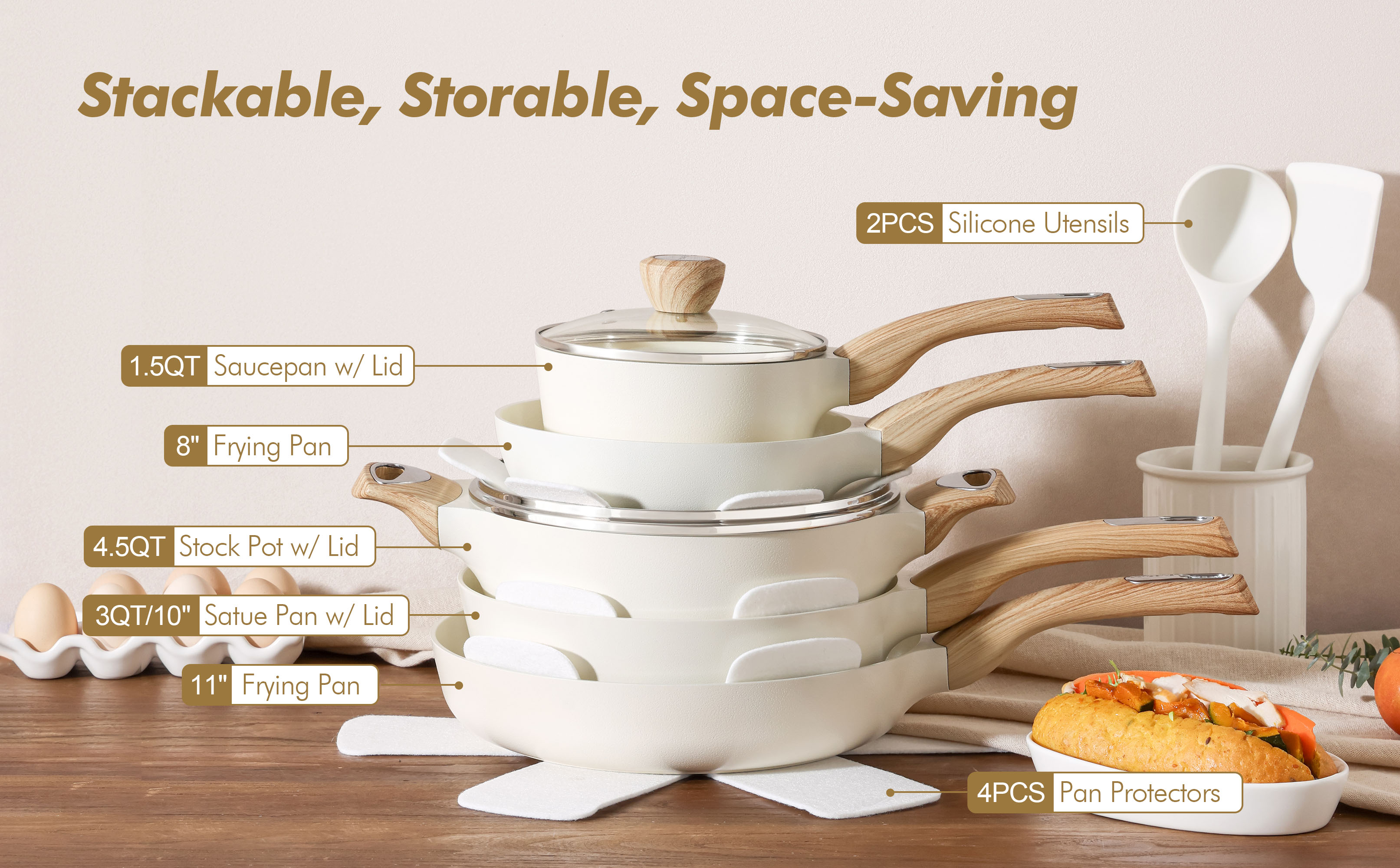 Sensarte 13-Piece Ceramic Nonstick Cookware Set, White photo 3