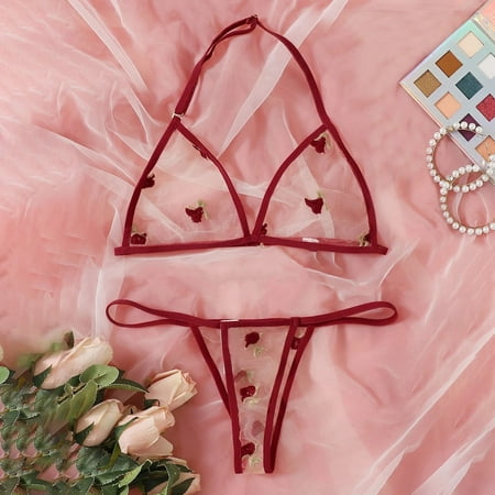 

MRULIC lingerie for women Bra New Fashion G-String Thong Sleepwear Underwear Lingerie Flower Lace Red + XL