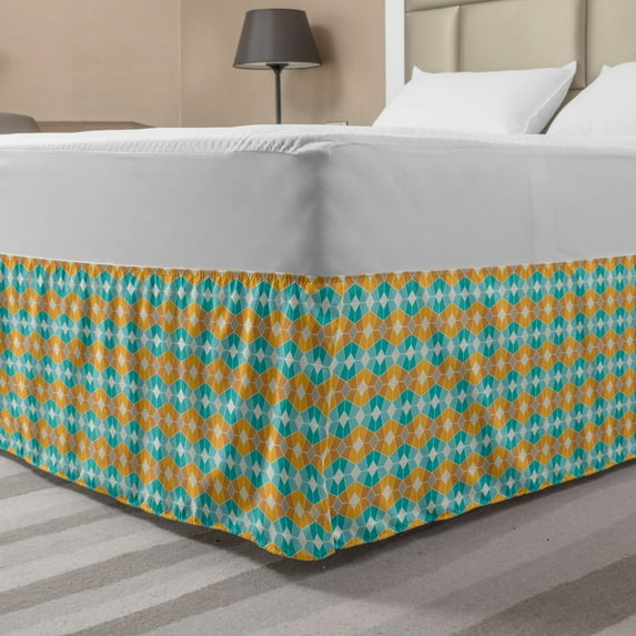 Geometric Bed Skirt, Repetitive Intricated Mosaic Pattern in Aqua Colors and Tangerine Tones, Elastic Bedskirt Dust Ruffle Wrap Around for Bedding Decor, 4 Sizes, Apricot Dark Seafoam, by Ambesonne