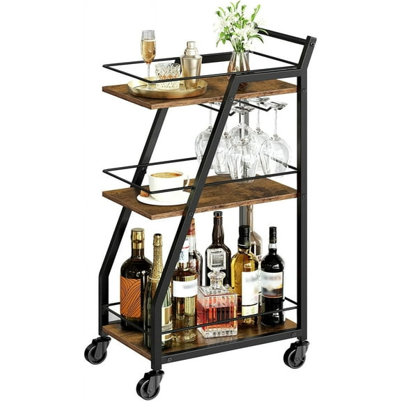 Bar Cart, 3-Tier Bar Cart for The Home, Home Bar Serving Cart with Glass Holders, Beverage Cart for Kitchen, Dining, Party Room, Rustic Brown and Black