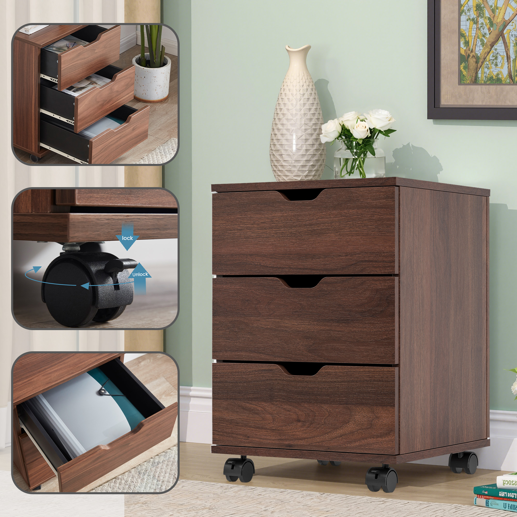 MAYEERTY 3-Drawer Vertical Wood Filing Cabinet with Casters for Home Office, Brown, Non-Assembled