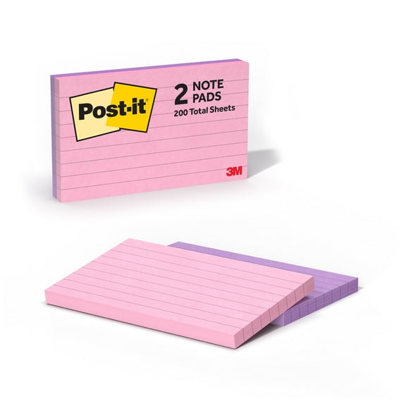 Post-it Notes, Lined, 3 in x 5 in, Pink and Lilac, 2 Pads