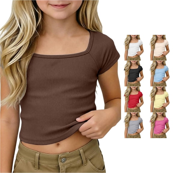 WAYUTE Shirts for Girls Ribbed Knit Crop Top Raglan Short Sleeve Tee Square Neck Solid Color Casual Basic Shirt for Kids Youth,Brown,Size 5 Y-6 Y