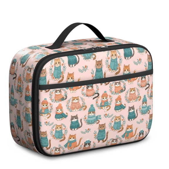 Cat and Sweater Pink Pattern Insulated Lunch Bag Teens,Bento School Lunch Bag for Teens for Work,Picnic or Travel 10.6x7.7x4.3 Inches,12 Can Capacity