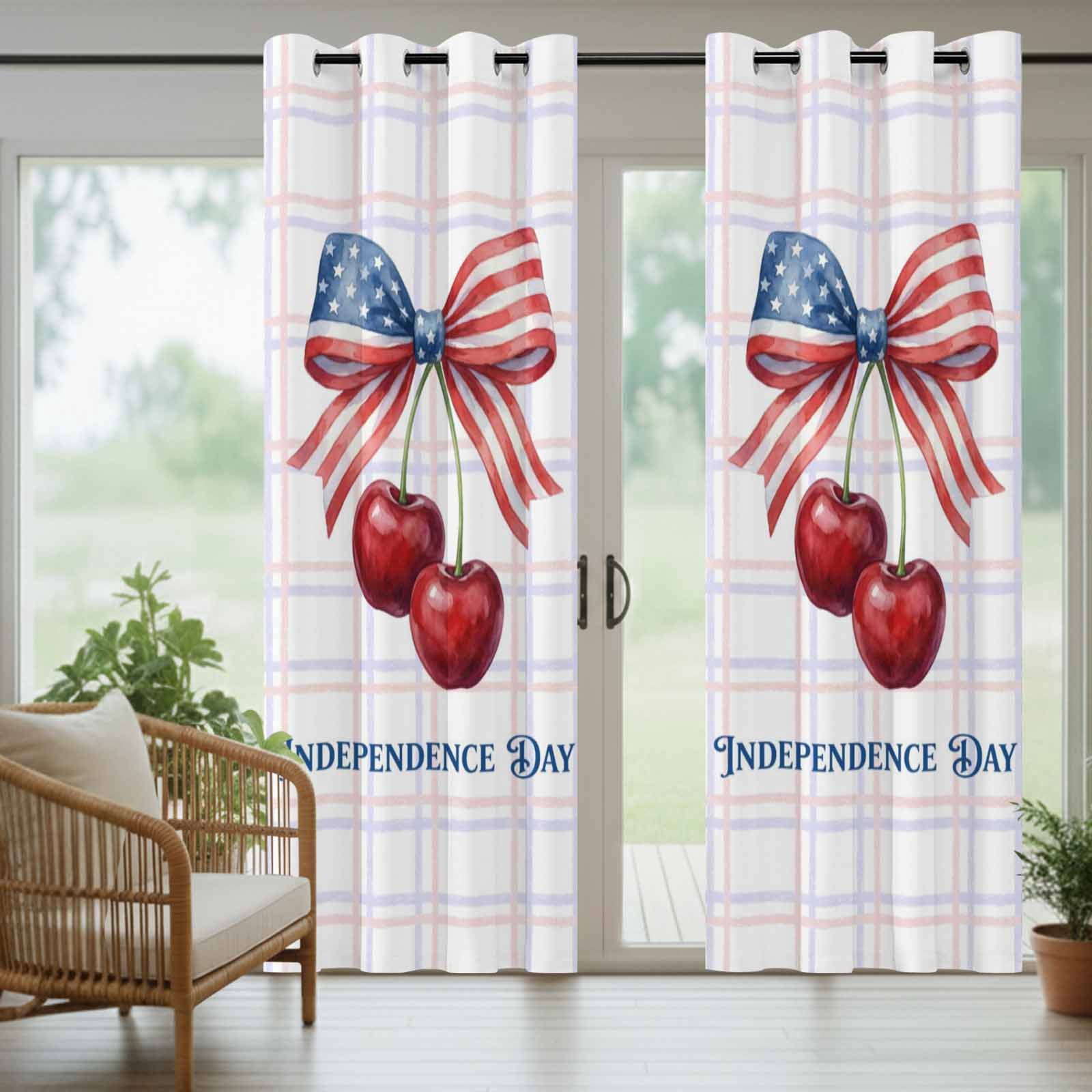 Independence Day Outdoor Curtains for Patio, Red Blue American Flag Bow Cherry Pink Purple Plaid Sunshade Privacy Drapes Grommet Waterproof Outside Curtains for Porch/Cabana/Balcony 54"x108", 2 Panel