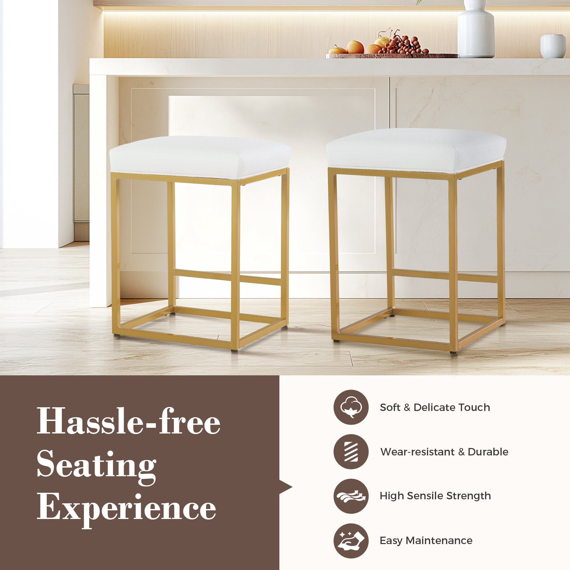 SUMMIT LIVING 24" Counter Height Bar Stool Set of 2, Upholstered Faux Leather Backless Counter Stool for Kitchen Island, Gold and White