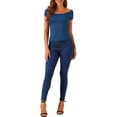 thumbnail image 2 of INSPIRAR CHIC Blusa de Mujer de Manga Corta Off the Shoulder de Longitud de Cadera Sólida L Azul Marino, 2 of 6