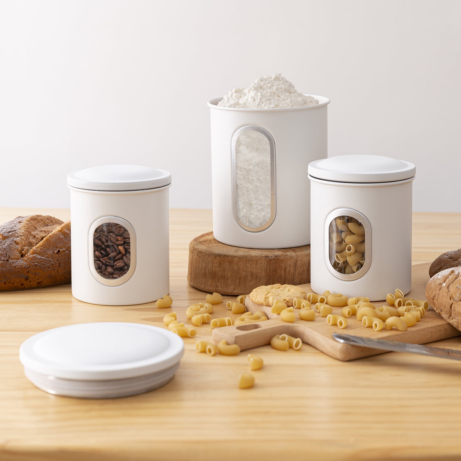 Deppon Stainless Steel Bread Box and 3-Piece Airtight Canister Set, Large Capacity with Clear Window for Kitchen Counter, White
