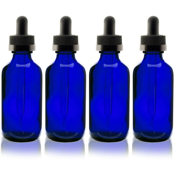 Cobalt Blue 2oz Dropper Bottle (60ml) Pack of 4 - Glass Tincture Bottles with Eye Droppers for Essential Oils & More Liquids - Leakproof Travel Bottles