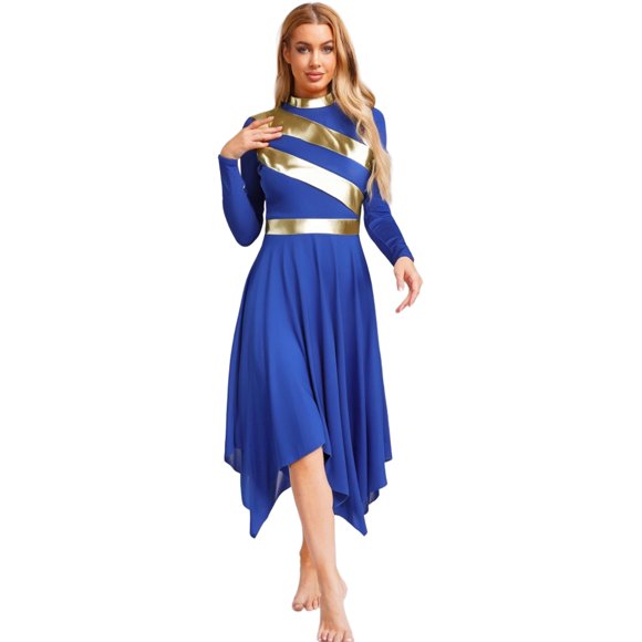 zdhoor Womens Metallic Worship Praise Dance Dress Lyrical Dancewear Church Liturgical Robe Maxi Dress Royal Blue L