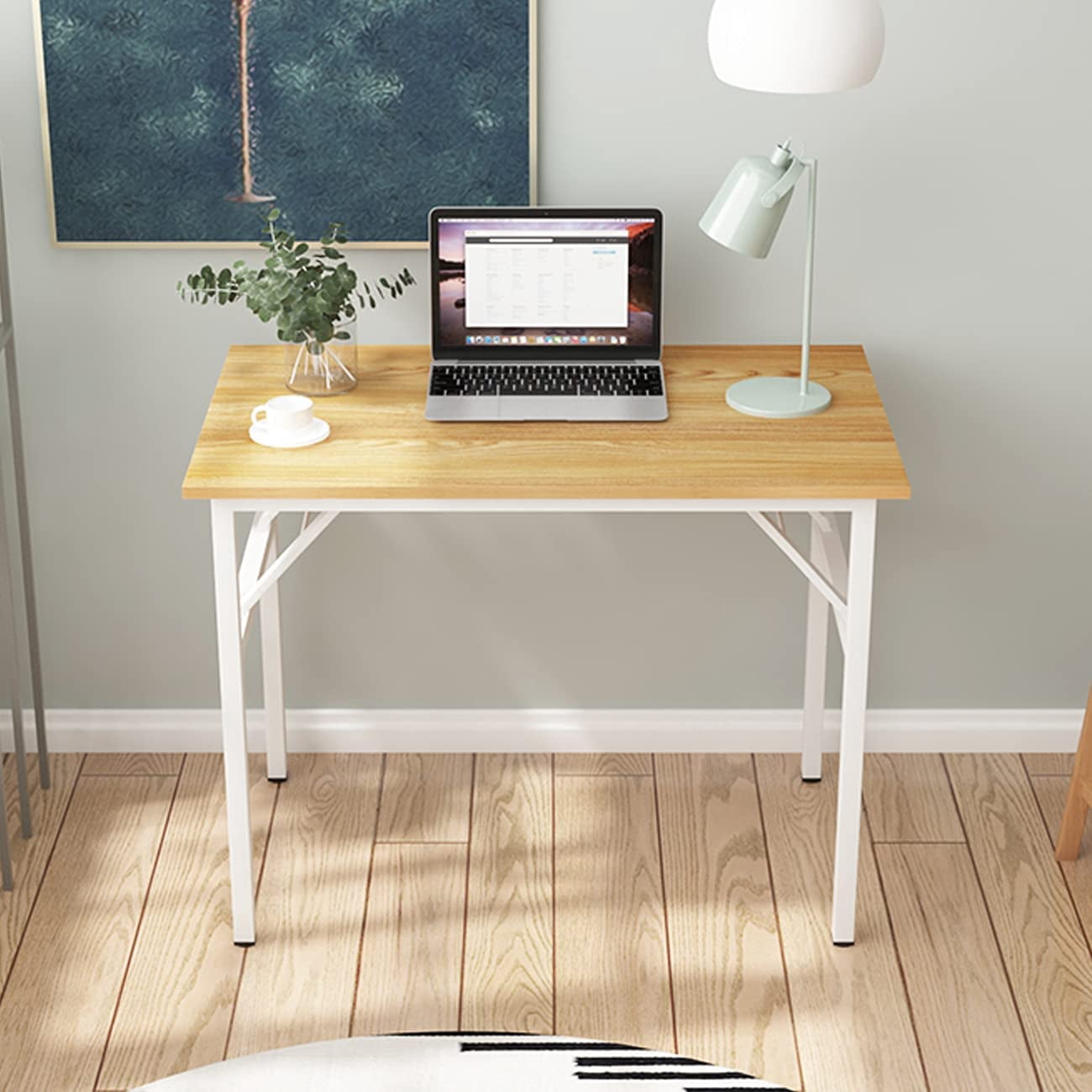 SOGES 31.5 inches Folding Desk No Assembly Sturdy Small Writing Desk for Small Spaces, Teak & White