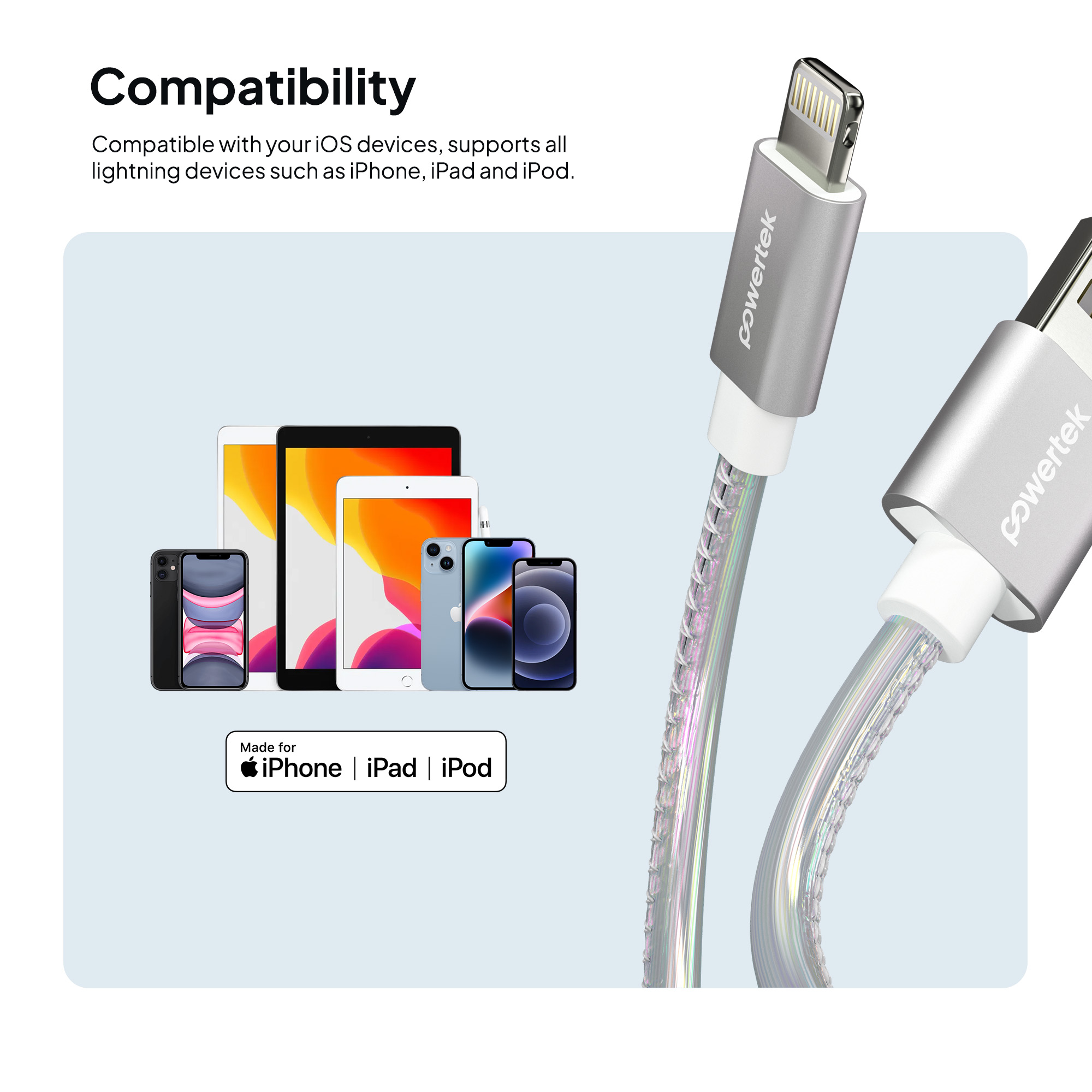 Powertek MFi Certified USB-A to Lightning Cable, 6 ft, Silver photo 5