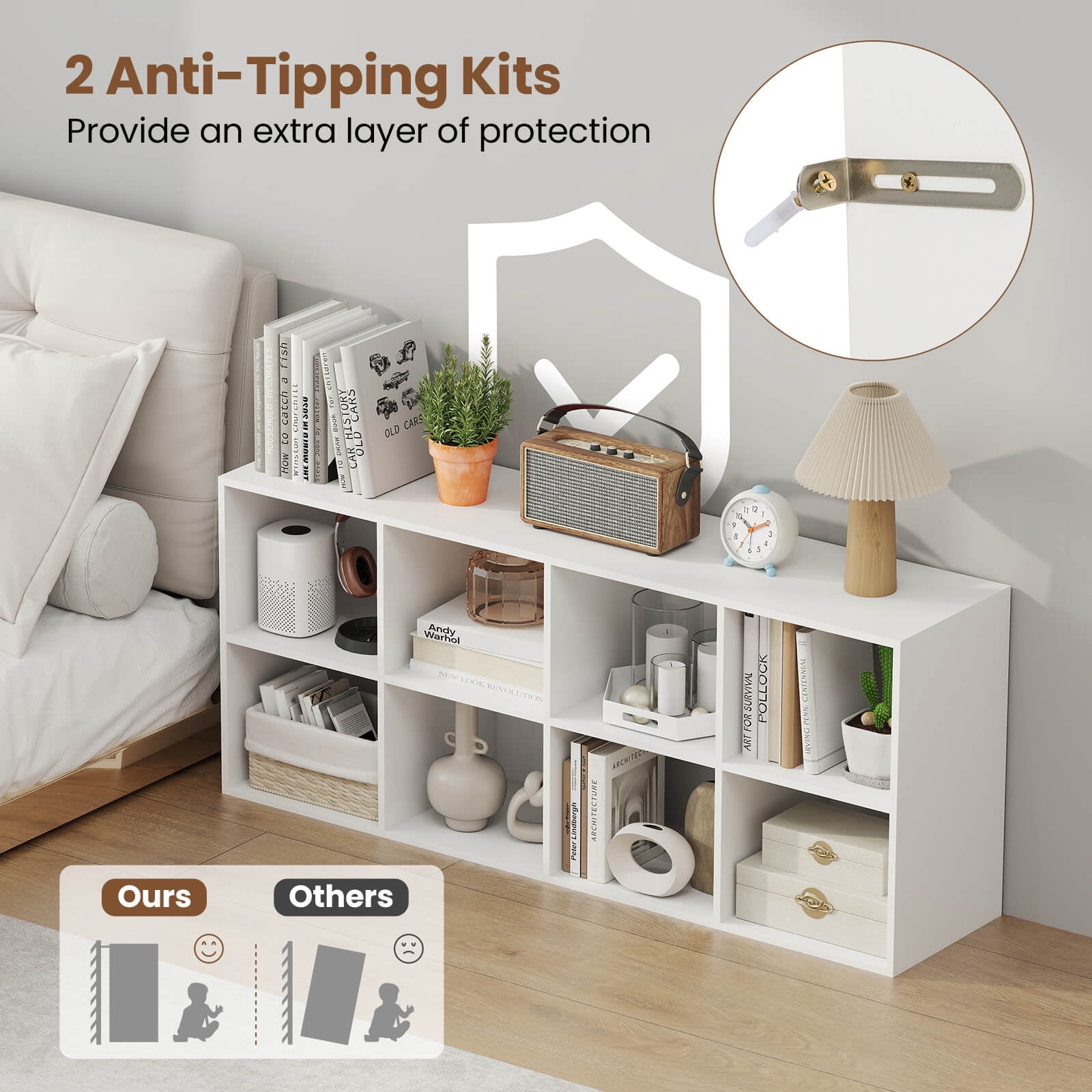 Costway 8-Cube Bookcase Bookshelf with 2 Anti-Tipping Kits Storage Organizer Rustic White