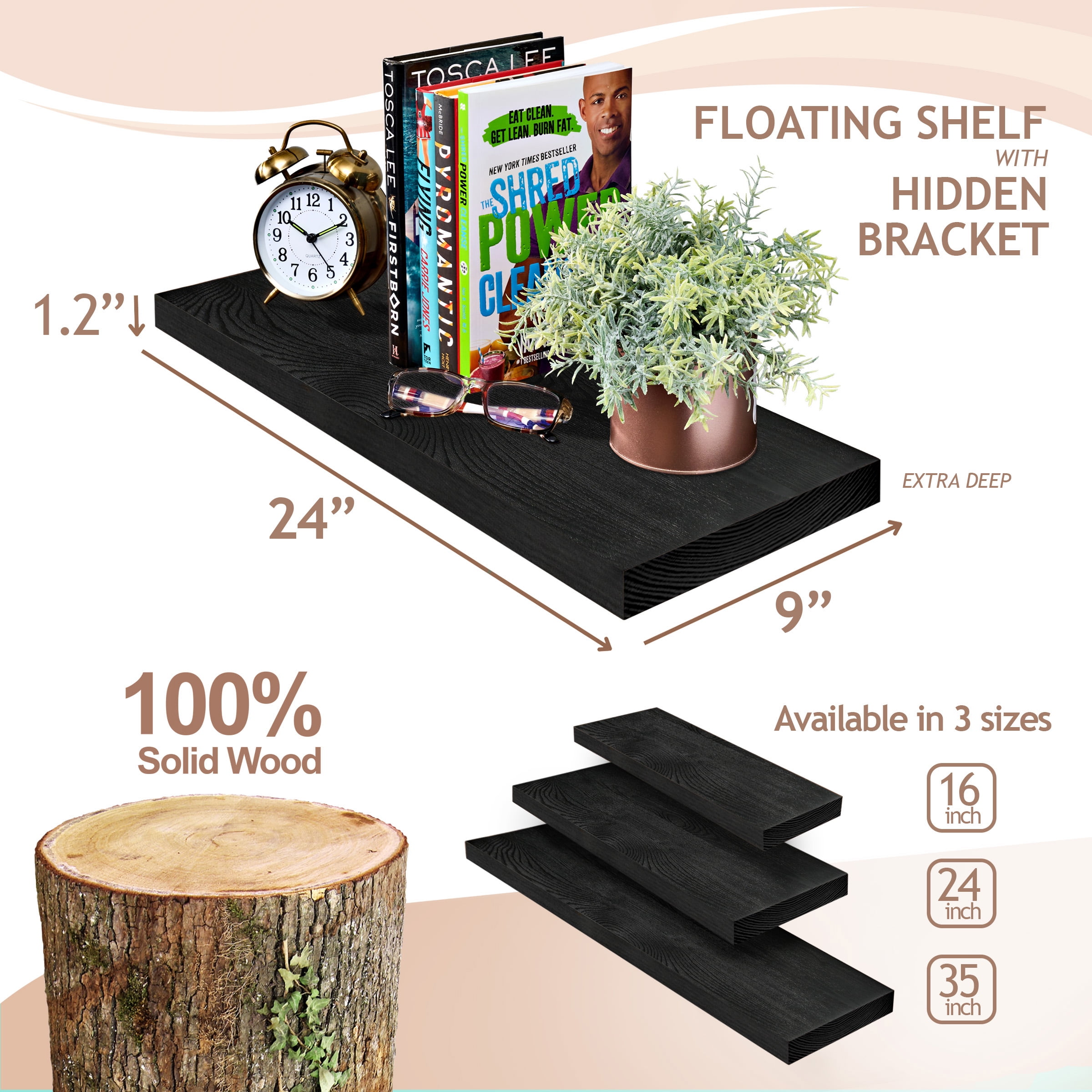Sorbus Wood Floating Shelves for Wall - 24” Solid Wood Wall Shelves for Bathroom Decor, Books, Bedroom & Living Room - Set of 2 Wall Mounted Kitchen Shelves - Durable 100% Premium Solid Pine