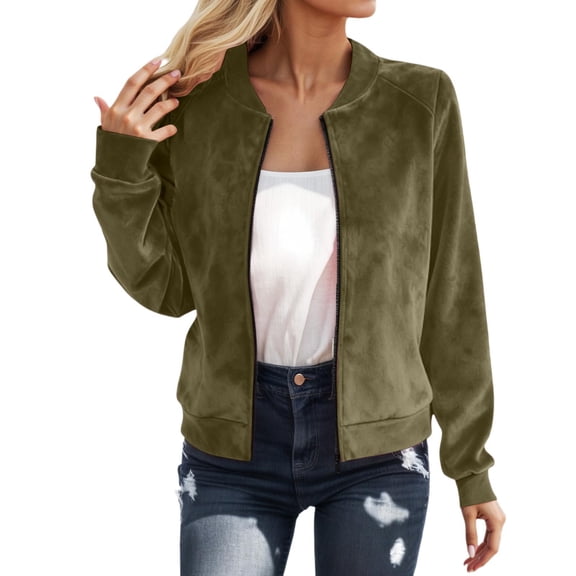 DHFJKG Suede Bomber Jackets For Women Crop Top Slim Fit Solid Color Zipper Coat Lightweight Streetwear Soft Outerwear