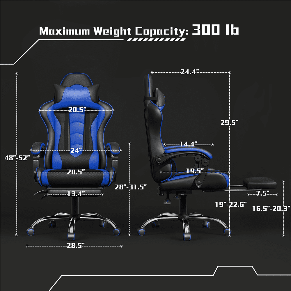 Alden Design High Back Reclining Ergonomic Gaming Chair with Slide Out Footrest, Black/Blue