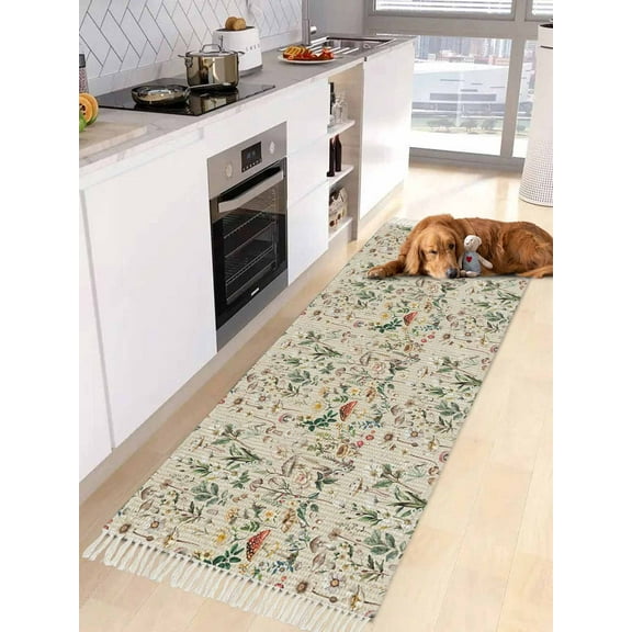 Pastoral Botanical Entryway Runner Rug 2x4ft,Vintage Mushroom Spring Summer Flowers Washable Woven Living Room Hallway Bedroom Kitchen Carpet with Tassels,Indoor Outdoor Throw Door Mat for Entryway
