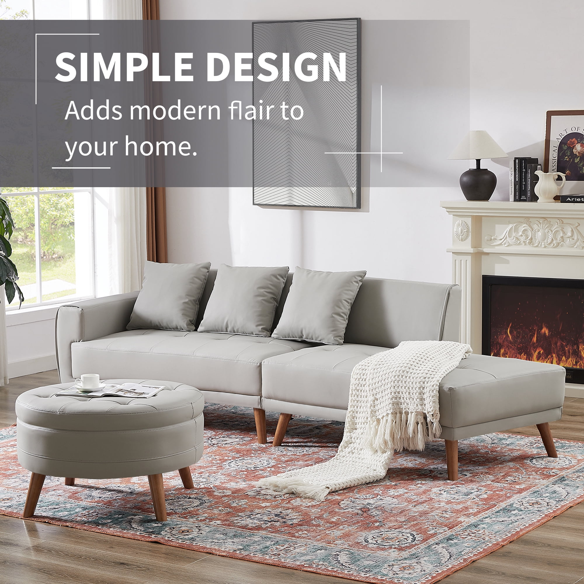 EUROCO 107" Contemporary Sofa Couch, Stylish PU Sofa with a Round Storage Ottoman and 3 Removable Pillows for Living Room, Grey