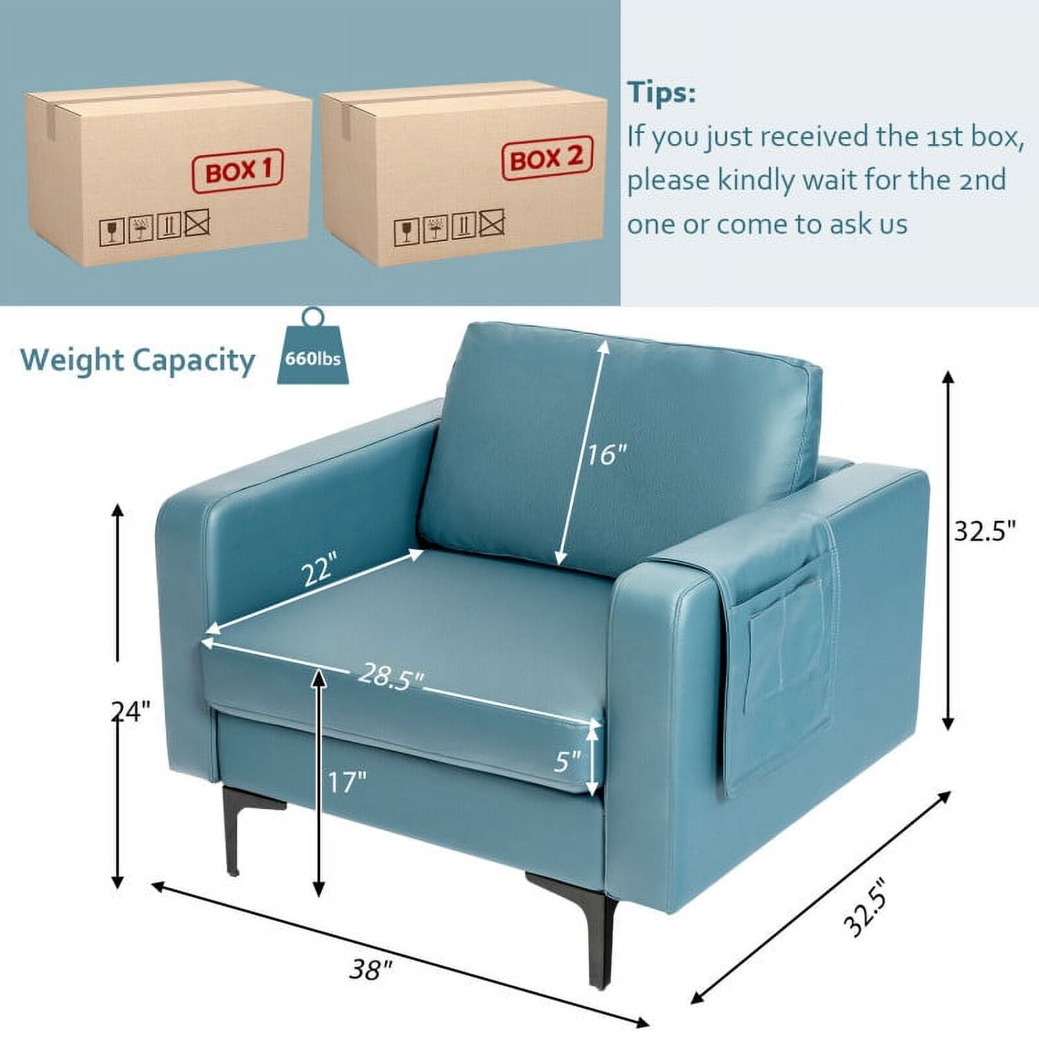 Finihen Upholstered Accent Armchair, Modern Accent Armchair with Side Storage Pocket, for Living Room, Bedroom, Blue