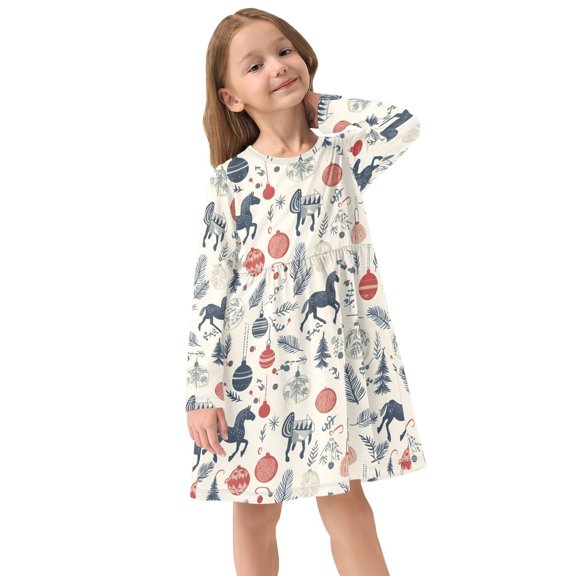 Girls Dress Soft Casual Long Sleeve Cute Dress for Girls Fashion Prints Christmas Ornaments Ornaments Crew Neck