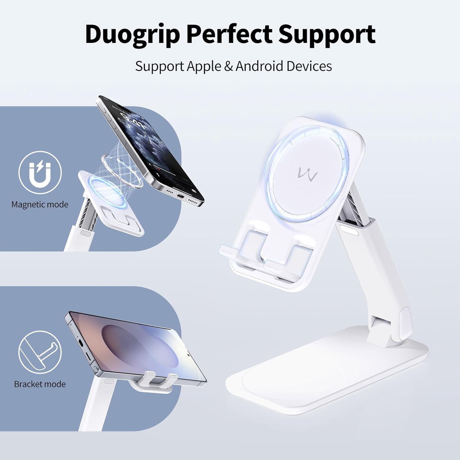 Magnetic Cell Phone Stand for Desk, Angle and Height Adjustable Mobile Phone Holder, Foldable Magnet Stand for iPhone 17 16 15 14 13 12 Pro Max and iPad, Cell Phone Holder for Samsung, White