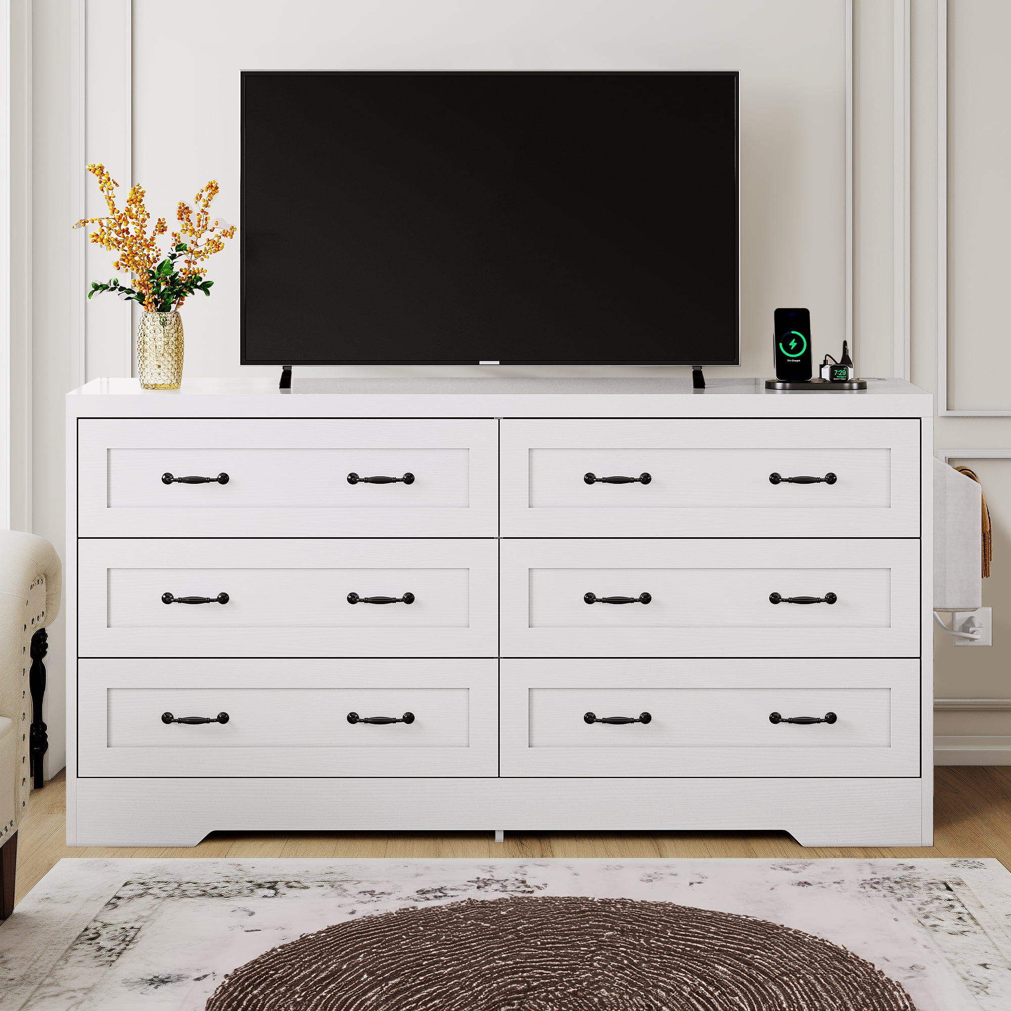 DEXTRUS 6-Drawer Double Dresser with Power Outlets, Wood Storage Cabinet Chest of Drawers, White