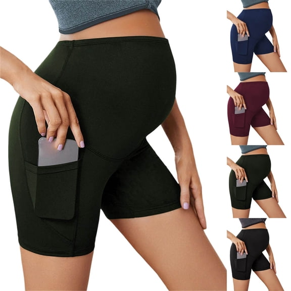 Women's Maternity Shorts with Pockets Over The Belly Yoga Biker Shorts Pregnancy Workout Running Active Shorts