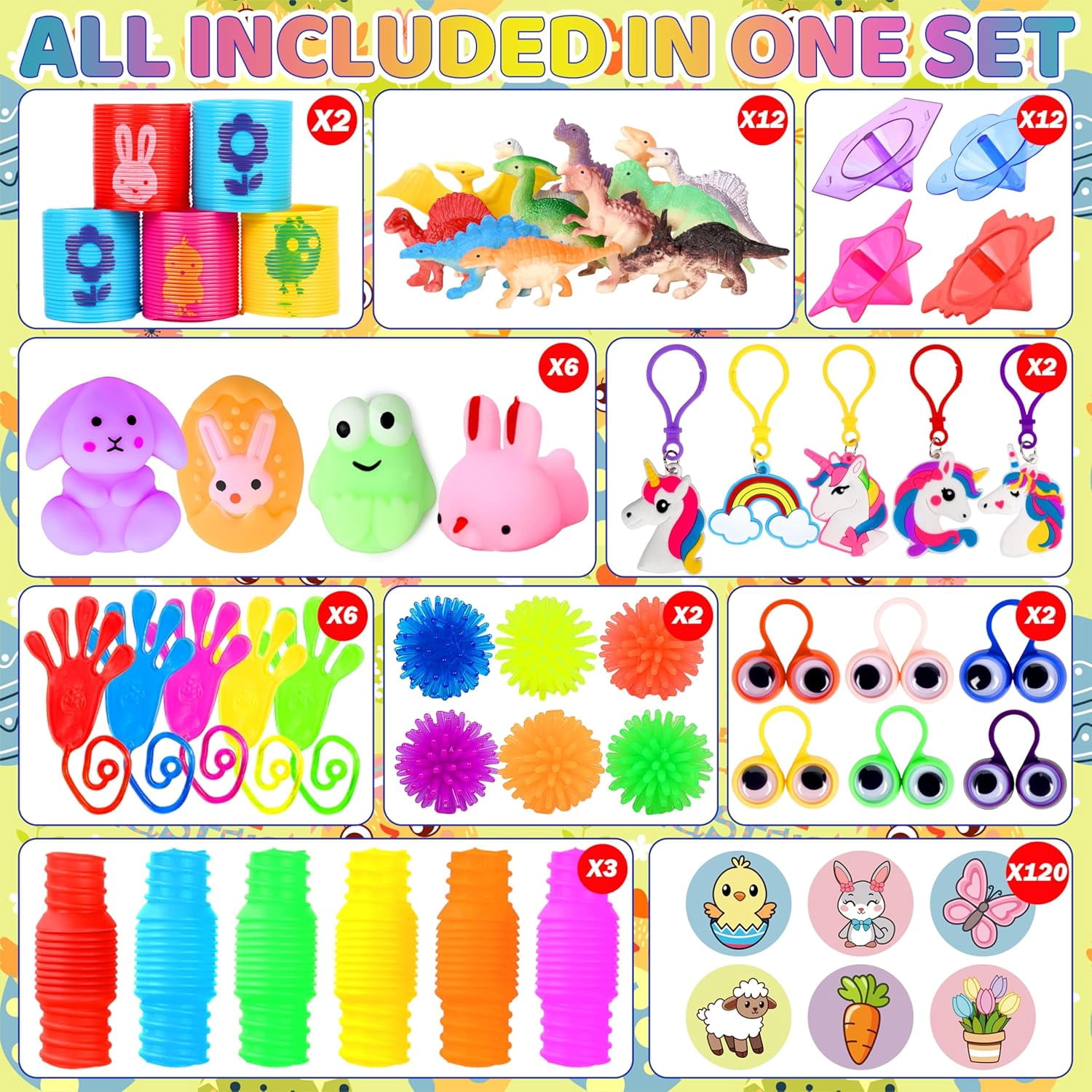 Prefilled Easter Egg Toy Set, 360 Pieces, 120 Plastic Eggs With 240 Mini Toys And Stickers, For Egg Hunt, Easter Basket Stuffers, Party Favors, Multicolor
